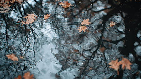 A serene image of autumn leaves floating on water, reflecting the sky and surrounding trees.の素材