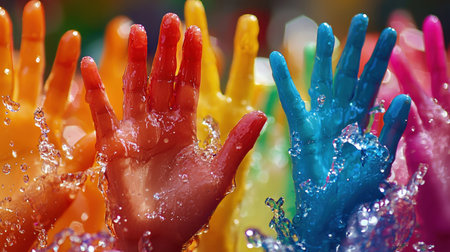 A close-up shot of hands submerged in water, each painted with a different bright color, creating a visually stunning and artistic composition.の素材
