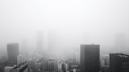 A grayscale photograph of a city skyline obscured by heavy fog, creating a moody and atmospheric view.の素材