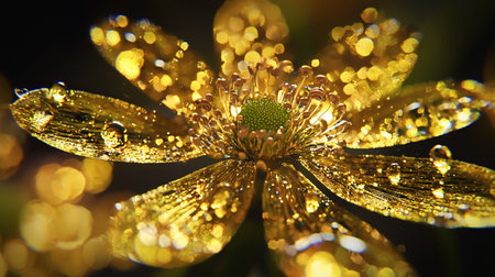 Close-up of a golden flower, showcasing intricate details and a mesmerizing bokeh effect. The image captures the beauty of nature with a touch of elegance.の素材
