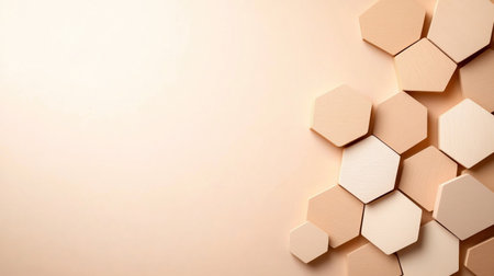 A collection of hexagon shapes in various shades of beige are arranged on a light beige background, creating a visually appealing pattern with ample copy space.の素材