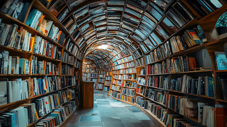 A stunning view of a tunnel-like library, filled with books on shelves, creating a unique and immersive experience.の素材