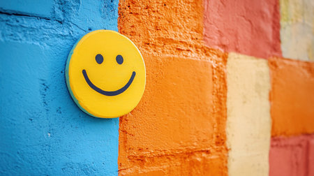 A close-up shot of a yellow smiley face attached to a vibrant, multi-colored brick wall. The image captures a sense of joy and positivity.の素材