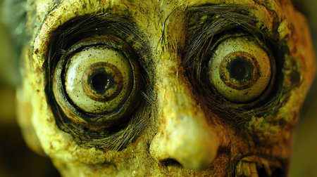 A detailed close-up of a mummified face, showcasing the eyes and texture of the skin.の素材