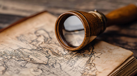 An antique spyglass is placed on top of an old map, symbolizing exploration and discovery.の素材