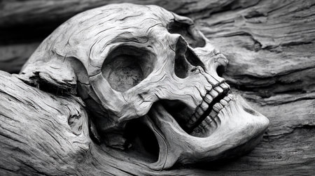 A detailed black and white photograph of a wooden skull sculpture resting on a textured wooden surface.の素材