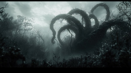 A chilling illustration of a monstrous entity with tentacles emerging from a foggy forest, creating a sense of dread and mystery.の素材