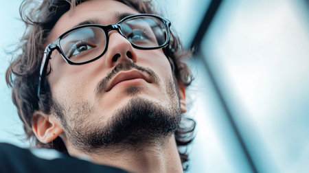 A close-up shot of a man wearing glasses, looking up with a thoughtful expression.の素材