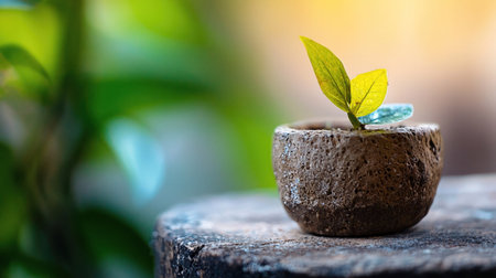 A close-up shot of a small plant growing in a pot, representing new life and environmental themes.の素材