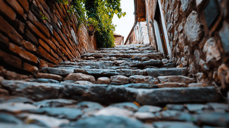 A low-angle shot of stone steps winding upwards between brick and stone walls, leading to a glimpse of sky and greenery.の素材