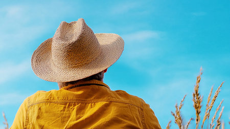 A person wearing a yellow shirt and a cowboy hat, with a blue sky in the background.の素材