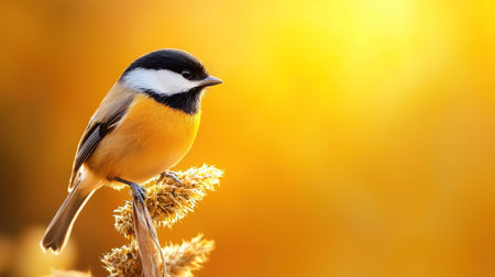 A beautiful bird with a black and white head and orange chest perched on a branch, set against a warm, golden background.の素材