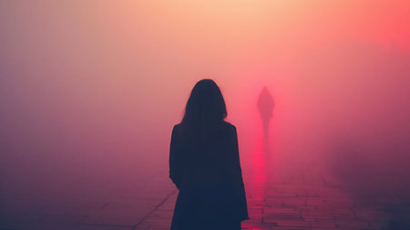 A silhouette of a person in a foggy, colorful environment. The image has a mysterious and atmospheric feel.の素材