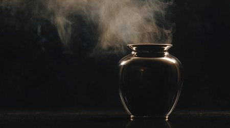 A dark ceramic vase with steam rising from it against a black background. The vase is in the center of the frame and is lit from the side, creating a dramatic effect.の素材