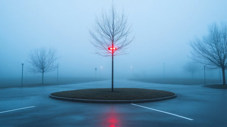 A solitary tree stands in a circular bed amidst a foggy, blue-toned landscape, with red lights adding a touch of mystery.の素材