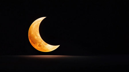 A stunning image of a golden crescent moon against a black background, evoking a sense of mystery and wonder.の素材