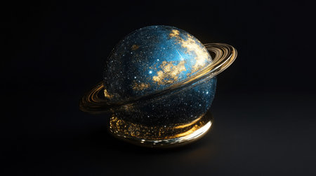 A stunning miniature celestial globe, showcasing intricate details of a planet with rings, set against a dark background.の素材