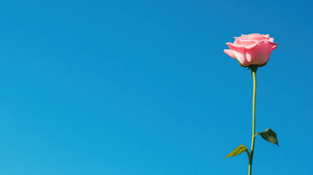 A beautiful pink rose stands tall against a vibrant blue sky, showcasing its delicate petals and fresh green stem.の素材