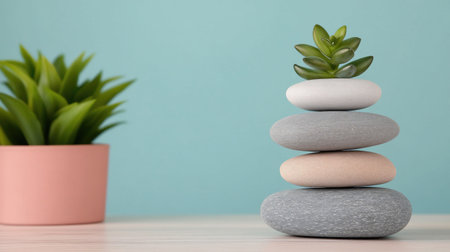 A serene image featuring a stack of balanced stones and a potted plant, evoking tranquility and balance.の素材
