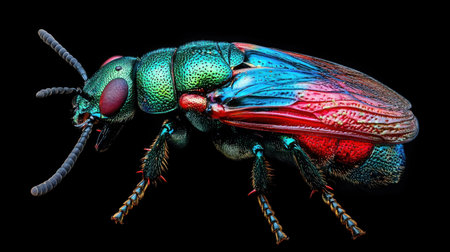 A close-up photograph of a jewel wasp, showcasing its iridescent, metallic exoskeleton and vibrant colors against a black background.の素材