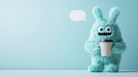 A fluffy blue monster with big eyes and a thought bubble, holding a coffee cup.の素材