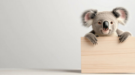 A koala bear peeking over a wooden sign against a white background.の素材