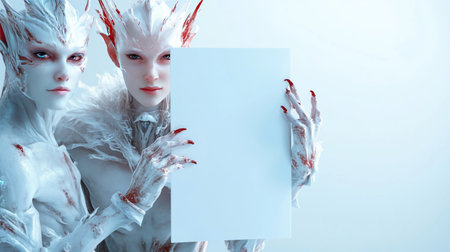 Two ethereal figures with pale skin and intricate features, holding a blank sign, perfect for adding your own text or message.の素材