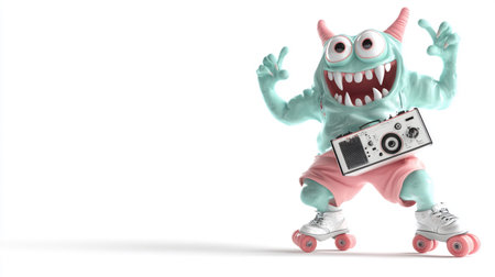 A vibrant image of a cartoon monster on roller skates, holding a camera. The monster is in a dynamic pose, suggesting movement and fun. Perfect for playful designs.の素材