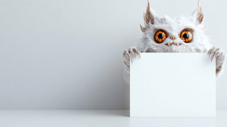 A whimsical, furry creature with large eyes holds a blank white sign, perfect for adding your own text or message.の素材