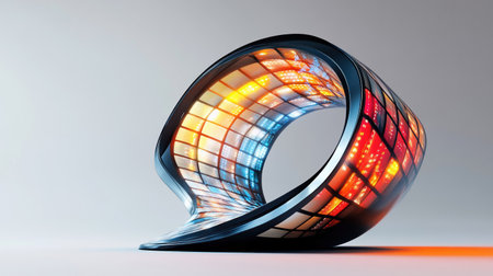 A vibrant abstract sculpture with a geometric pattern and colorful illumination, showcasing modern art and design.の素材