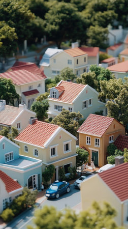 An eye-level aerial view of a residential neighborhood with houses and trees.の素材