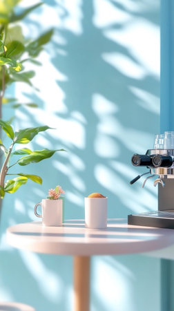 A serene morning scene featuring two cups of coffee on a small table, with the soft shadows of plants dancing on the wall.の素材