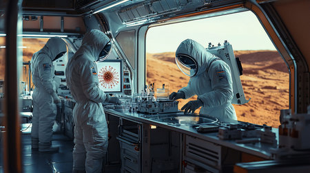 Astronauts in protective suits working inside a space station on Mars, conducting experiments and research.の素材