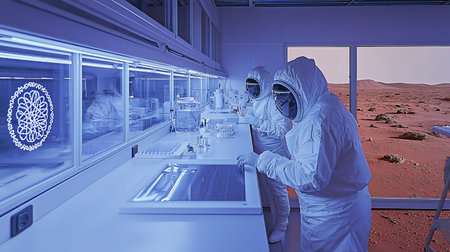 Two astronauts in protective suits are working in a laboratory with a view of the Martian landscape.の素材