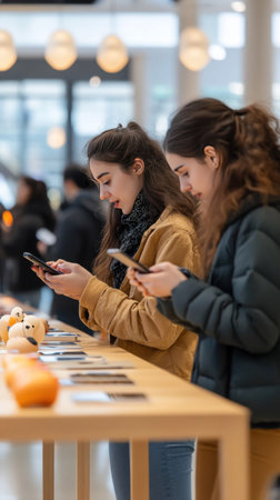 Two young women are engrossed in their smartphones while standing at a display table in a store, possibly an electronics store.の素材