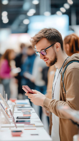 A man with glasses is engrossed in his phone at a technology exhibition, surrounded by other attendees.の素材