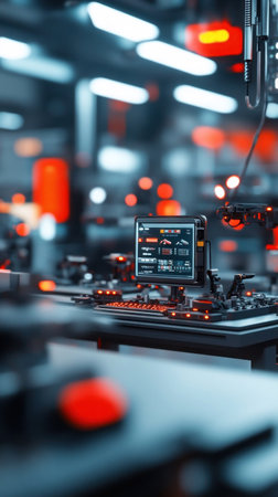 A detailed view of a technological setup with a screen and various components, set against a blurred industrial background.の素材