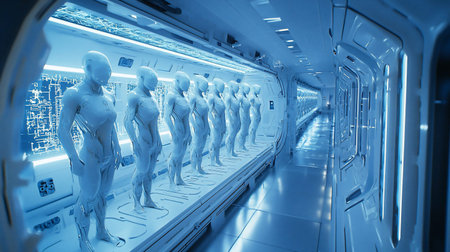 A row of humanoid robots in a futuristic laboratory, bathed in blue light, suggesting advanced technology and scientific research.の素材
