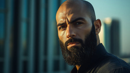 A close-up shot of a man with a shaved head and a full beard, staring intently at the camera.の素材