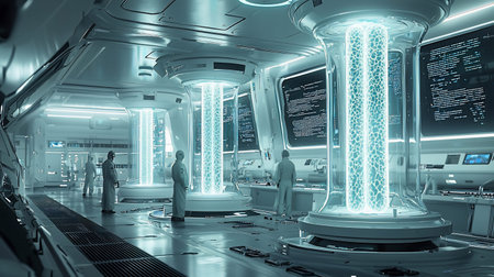 A futuristic laboratory with scientists working on experiments. The lab features advanced technology and equipment.の素材
