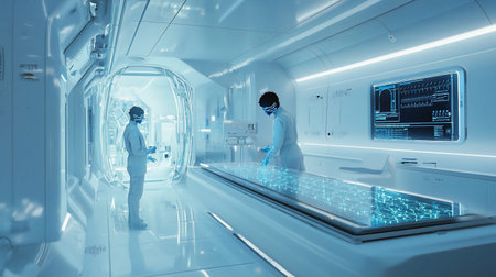 A futuristic laboratory setting with scientists working on advanced research, showcasing cutting-edge technology and a sterile environment.の素材