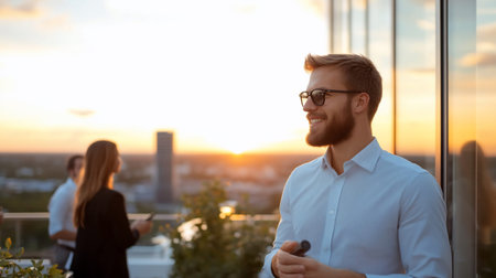 A man with a beard and sunglasses smiles on a rooftop with a city view at sunset.の素材