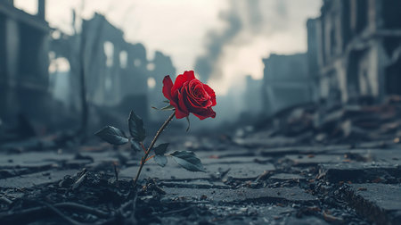 A vibrant red rose stands tall amidst the ruins of a war-torn city, symbolizing resilience and hope.の素材