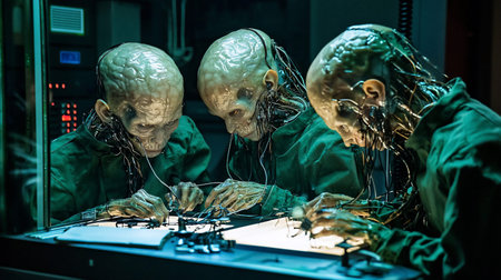 A close-up shot of three extraterrestrial beings, engrossed in intricate technological tasks.の素材