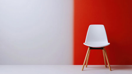 A minimalist white chair stands against a backdrop of a red and white wall, showcasing modern design and simplicity.の素材