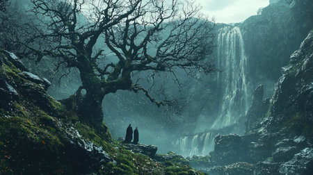 A captivating landscape featuring a majestic waterfall, a gnarled tree, and two silhouetted figures, evoking a sense of wonder and contemplation.の素材
