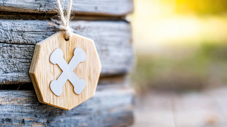 Close-up of a wooden hexagon ornament with a white cross symbol hanging on a wooden surface, with a blurred background.の素材
