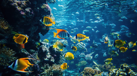 A stunning underwater photograph showcasing a thriving coral reef ecosystem teeming with colorful fish and marine life.の素材