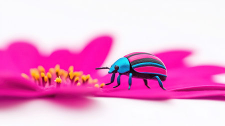 A close-up shot of a colorful beetle crawling on a bright pink flower, showcasing the beauty of nature.の素材