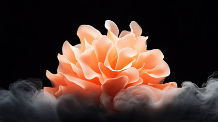 A stunning close-up of a peach-colored flower, surrounded by wisps of smoke against a stark black background, creating a dramatic and artistic composition.の素材